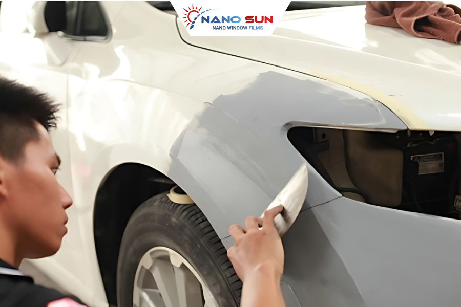 Sử dụng sơn cùng màu với xe để che phủ vết trầy là phương pháp phổ biến được nhiều chủ xe áp dụng.